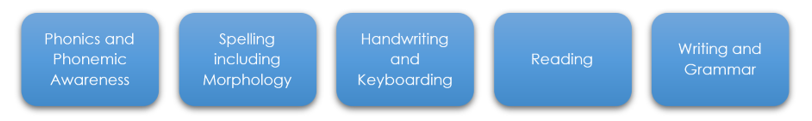 Literacy infographic showing key English learning areas including phonics, spelling, handwriting, reading and writing skills